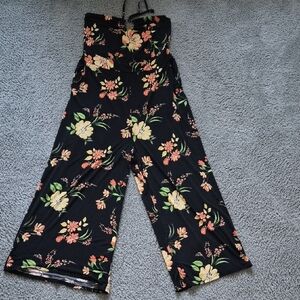 Floral Strapless Wide-Leg Jumpsuit - Black with Yellow & Coral Flowers